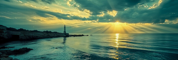 A lighthouse stands tall in the center of a vast body of water, guiding ships with its powerful beacon.