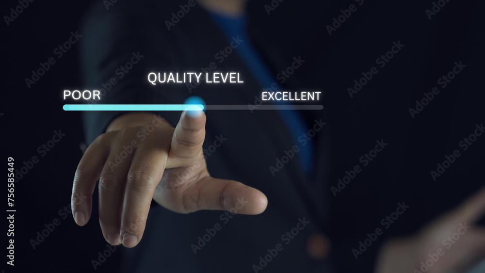 Wall mural businessman hand pointing to change quality level indicator scale from poor to excellent for custome