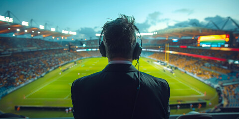 A person is standing in front of a large, excited crowd at a soccer game, likely a sports commentator or presenter.
