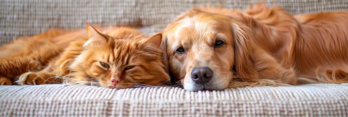 A dog and cat are relaxing together on a couch, both pets are laying down comfortably. The ginger cat has long fur, and the dogs breed is not specified