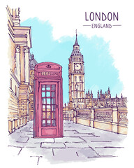 Big ben and red telephone booth in London. Architecture sketch illustration. Hand drawn sketch colorful of London city, UK. Travel sketch. Banner, poster, postcard. Freehand digital drawing. Vector