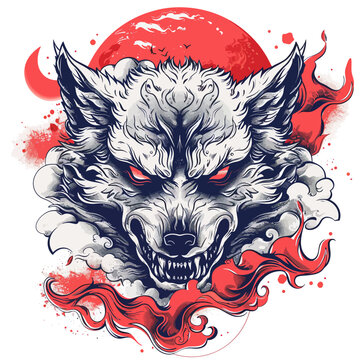 A vector design for a tshirt about an angry wolf face with flames and smoke