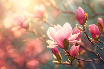 Magnolia flowers bask in the warm, soft light of spring, symbolizing new beginnings and natural beauty.