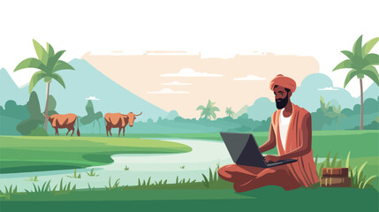 Obraz na płótnie Canvas An indian village poor man cartoon operating laptop