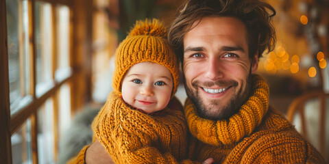 A man in a knitted sweater is smiling while holding a little girl in his arms. The father-daughter duo exudes love and happiness in this heartwarming moment