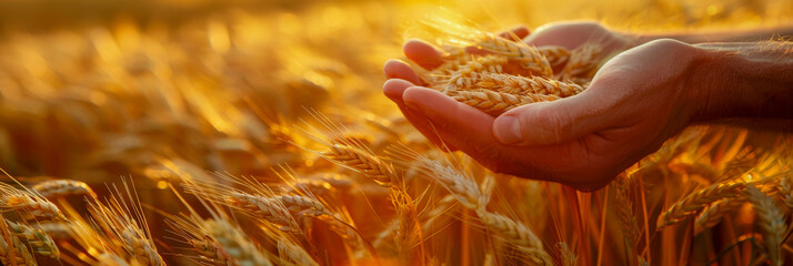 A close-up of a farmers hands holding a piece of wheat while standing in a field of ripe wheat. The hands are cradling the rope gently as they work in the agricultural setting