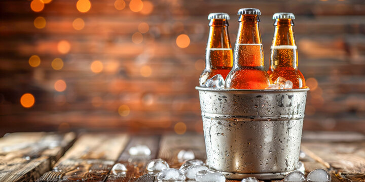 The image shows a table topped with several bottles of beer placed next to a pile of ice cubes