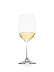 Half full wine glass with white wine isolated on white background
