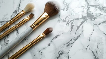 Elegant makeup brushes on marble surface for beauty and cosmetics
