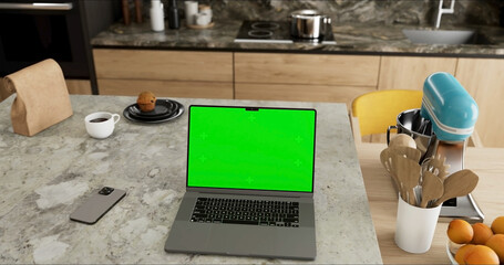 Laptop place on room table, Green screen display, Close up monitor of notebook with mock up - 756587264