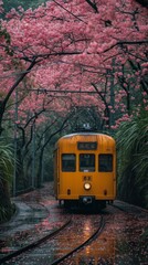 Vintage Tram Under Cherry Blossoms