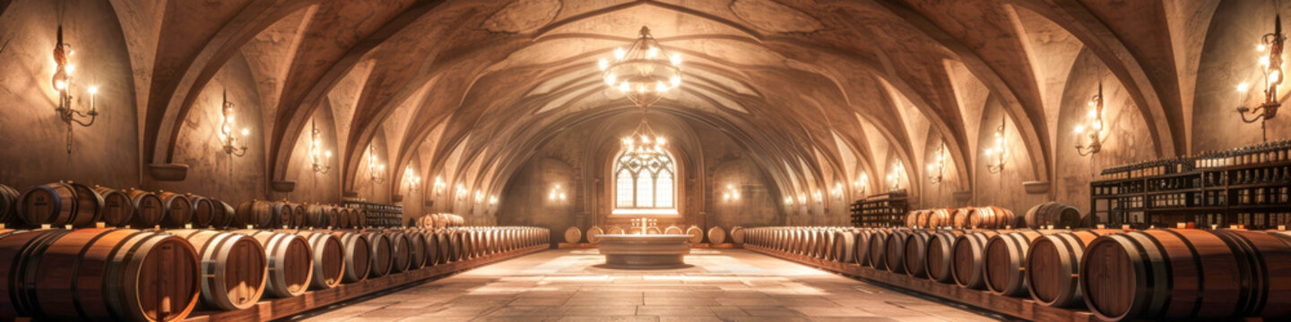 This image shows a very large room with numerous wooden barrels, likely used for storing vintage wine.