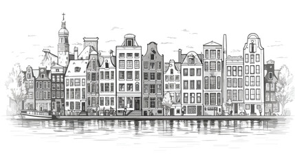 Beautiful houses in Amsterdam painted in sketch styl - obrazy, fototapety, plakaty