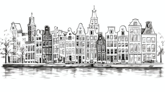 Beautiful houses in Amsterdam painted in sketch styl