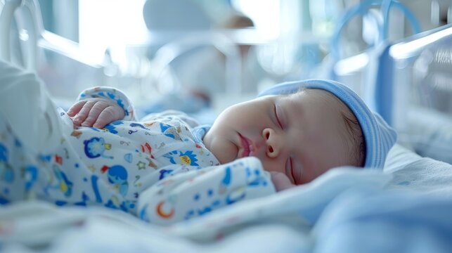 Newborn baby peacefully sleeping in a hospital crib