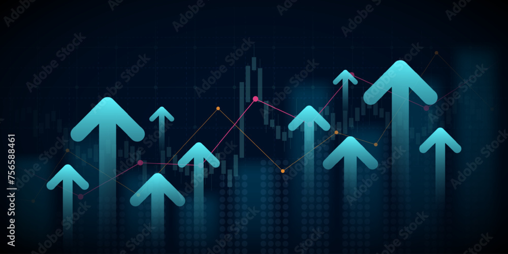 Wall mural group of arrows moving up with abstract financial line graph in stock market on blue color backgroun