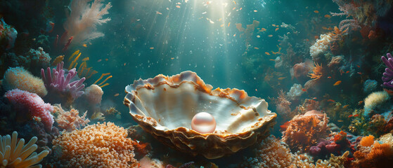 Fototapeta na wymiar Exquisite pearl in a shell on a vibrant, sunlit underwater coral reef