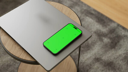 Smartphone place on coffee table, Green screen cellphone, Close up display mobile phone with mock up, Chroma key monitor