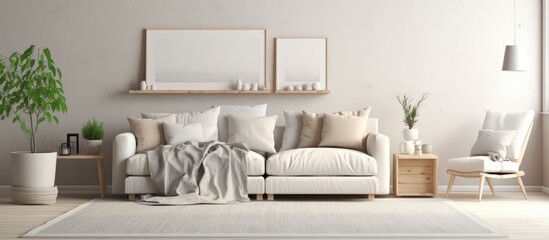 A beautifully designed living room with a white couch, chair, table, and rug. The interior design features a white color scheme and a rectangle picture frame on the wall
