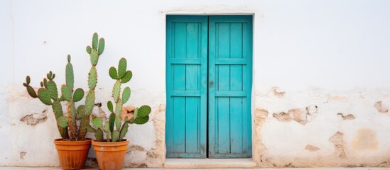 Vibrant door with cactus in pot on white brick wall