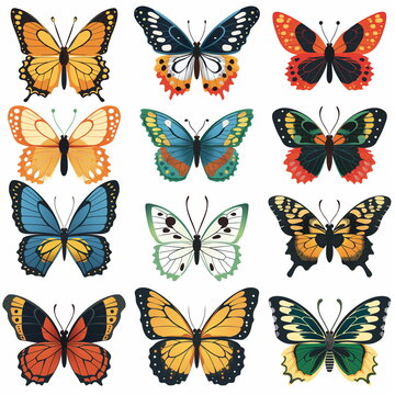 A set of butterfly collection on white background