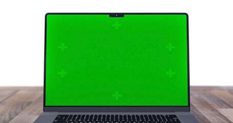 Empty Green Screen Display Laptop for Watching and Paste Background e Business Blog or Gaming App. Pc with Clear Alpha channel for Mockup. Concept Computer Technological on Video Call Close-Up - 756589237