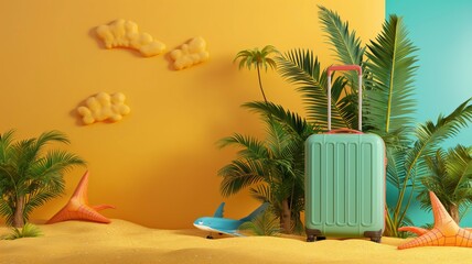 Tropical vacation concept with luggage and plane