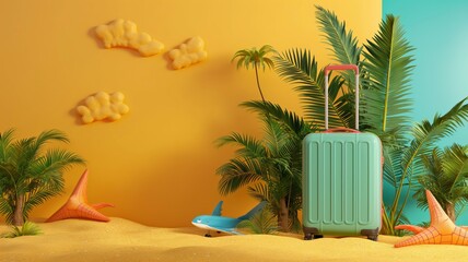 Obraz premium Tropical vacation concept with luggage and plane