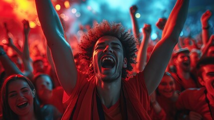 Exuberant Football Fans Celebrating Goal, joyous man with curly hair and a red jersey stands out as...