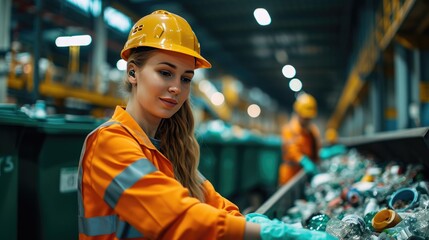 Recycling Facility Worker, focused female worker in safety gear inspects recyclable materials on a conveyor belt at a modern recycling facility