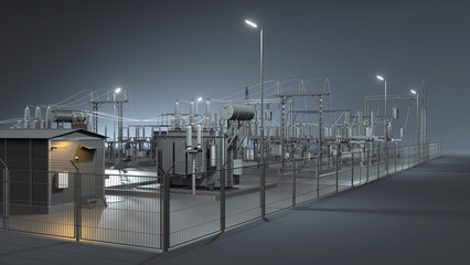 Electrical substation on a dark background. 3d illustration