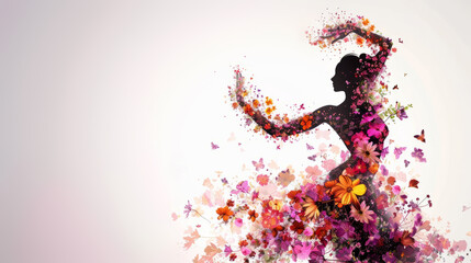 Silhouette of a woman surrounded and partially formed by a vibrant array of flowers and butterflies, on a light pink background with copy-space. Spring concept.
