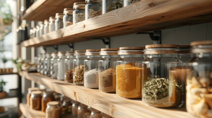 Organized Home Pantry, neatly organized home pantry, with rows of transparent jars filled with various dry goods, represents sustainable living and meticulous organization