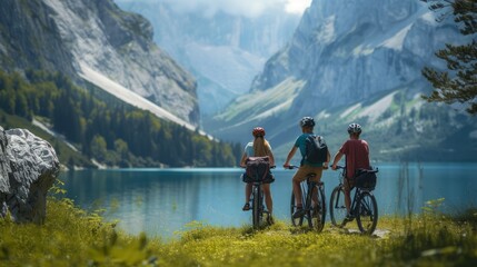 Rear view of three persons taking a break at a picturesque spot along their journey by three bicycles, with a stunning natural backdrop like a mountainside and a clear lake - obrazy, fototapety, plakaty