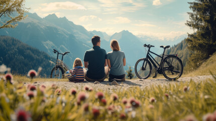 A family with a little child pausing for a break during their journey by bicycles. They are sitting and enjoying a picturesque view in the mountainside - obrazy, fototapety, plakaty