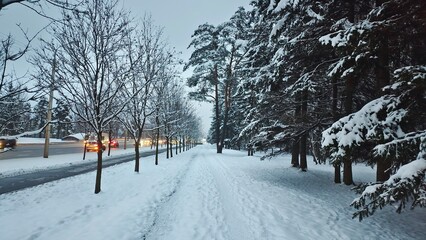 After the snowfall there is snow on the city streets. The sidewalks and roadways have been cleaned by the public utilities. Cars with headlights are driving. Lampposts and trees stand along the street