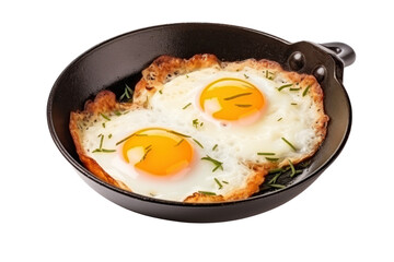 Fried eggs, served in an iron skillet, hot from the oven, isolated on a transparent background.