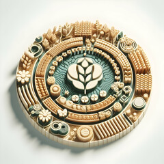 3d Flat Icon Sustainable Agriculture Concept Overhead view of crop circles with organic farming symbols with white background and isolated fantasy digital innovation