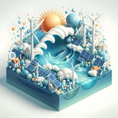 Flat Icon Renewable Energy Collage Concept An artistic blend of solar cells windmills and hydroelectric waves with white background and isolated fantasy digital innovation