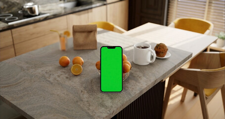 Smartphone place on kitchen table, Green screen telephone, Close up display mobile phone with mock up, Chroma key monitor - 756591078