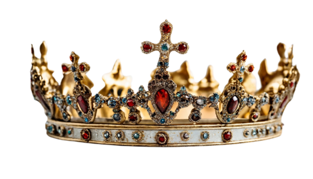 A rich golden crown adorned with red and blue gems, embodying royal symbolism. Perfect for power and leadership themes. PNG format, transparent white background. Crown of thorns.




