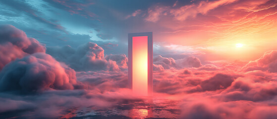 Surreal Gateway into Heavenly Realm Amidst Vibrant Sunrise Clouds