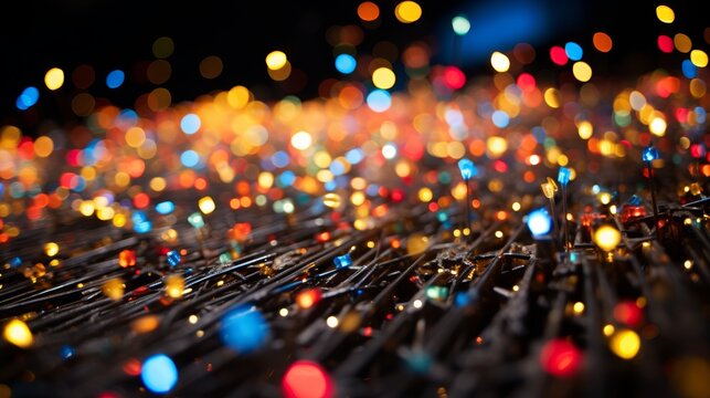 Vibrant sparkling colored lines pulsating against dark background, close up shot