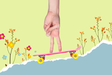 Collage picture of people arm two fingers ride mini skateboard fresh flowers isolated on paper green blue background