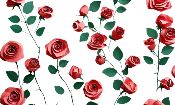 Paper crafted roses in red and green, concept of DIY and creative crafts, applicable for greeting cards and event decoration, PNG format with a transparent white background.
