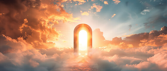 Sunset Gateway to Heaven Amid Ethereal Clouds and Divine Light - obrazy, fototapety, plakaty