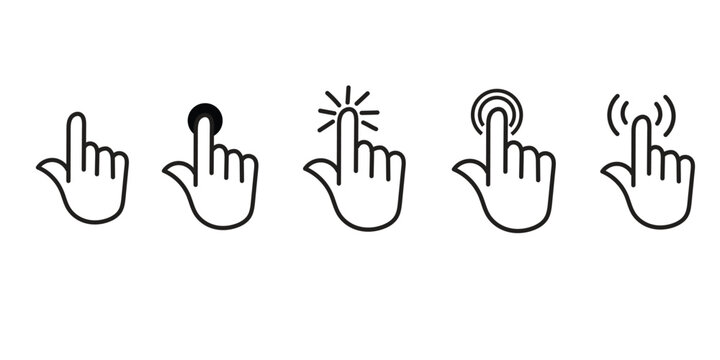 Pointer cursor сomputer mouse icon. Clicking cursor, pointing hand clicks icons. 