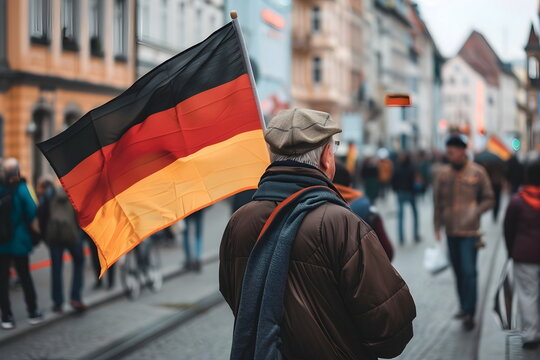 old man hold national flag of Germany on city street