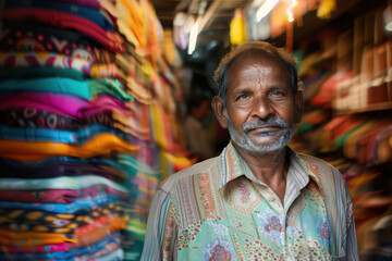 Obraz premium A simple street market seller in front of his stand stall. Blurred background with bokeh. Created with Generative AI technology.