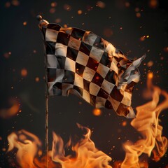 Burning checkered flag, racing, start and finish concept